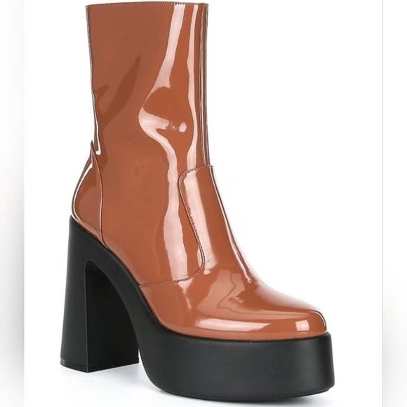 GB Levi-Tate  Brown Patent Platform Mid Boots - Picture 1 of 13